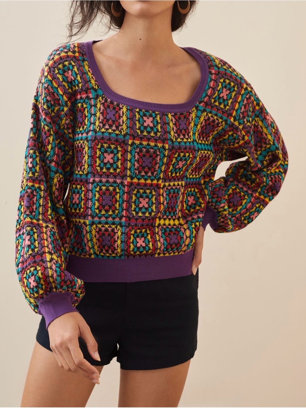 FARM Rio Crochet Sweater by Anthropologie, geometric granny square pattern
